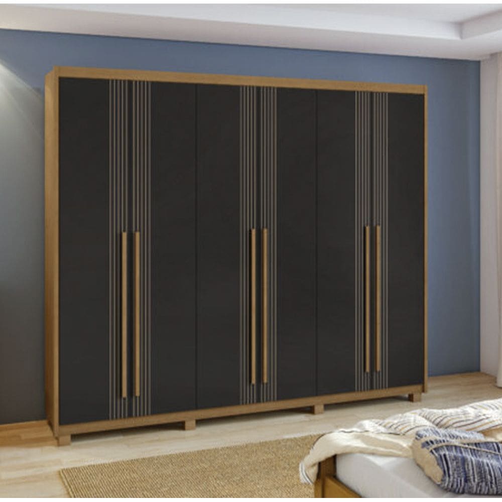Guarda Roupa Azael 6 Portas - Amendoa Clean/Preto Fosco