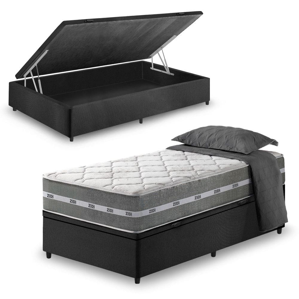 Cama Box Com Baú Solteiro Preto + Colchão Molas Ensacadas Miami 88x188x64cm