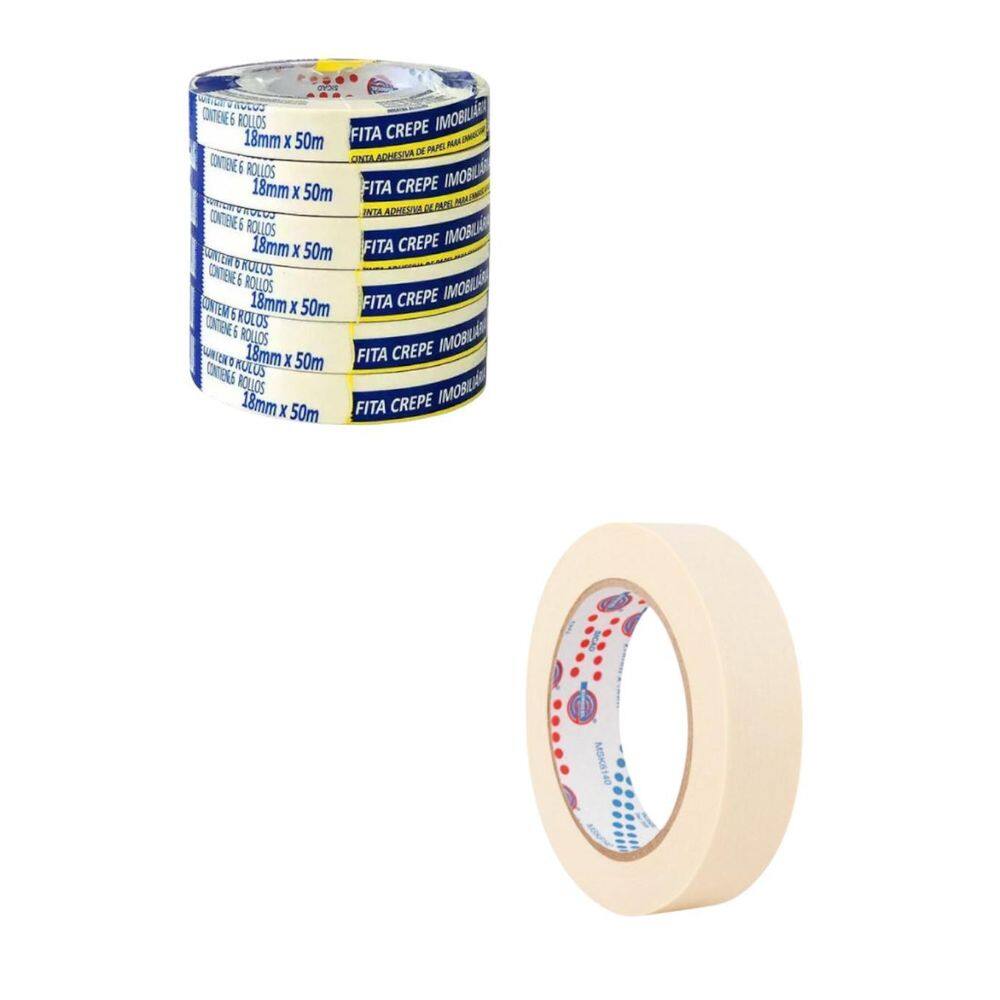 6 Fita Crepe 18Mm X 50M Uso Geral Pintura Adere Combo