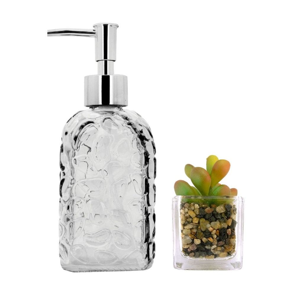 Jogo Porta Sabonete Líquido Vidro Clear Textura e Mini Vaso Suculenta - Tuut