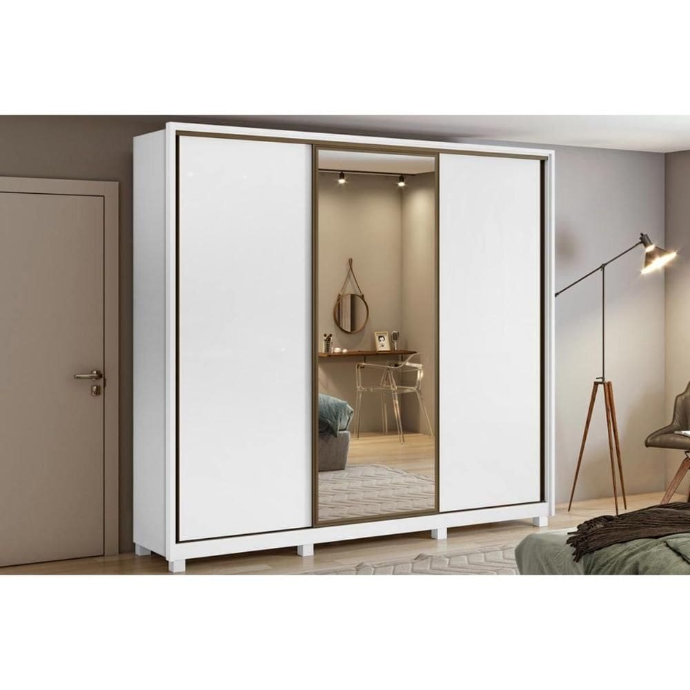 Guarda Roupa Casal 3 Portas de Correr (1 c/ Espelho) e 6 Gavetas c/ Pés Spazio Branco - Lopas