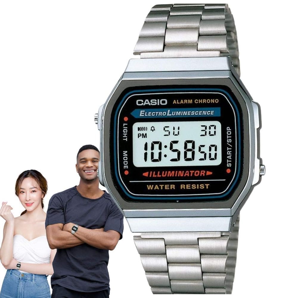 Relógio de Pulso Casio Feminino Masculino Digital Aço Inóx Vintage Resisetente Água Quadrado Pequeno Casual Prata A168WA-1WDF