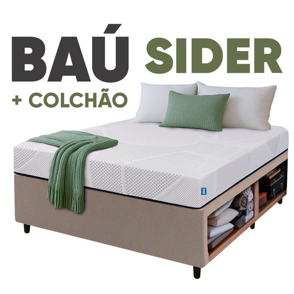 Cama Box Baú Base Sider Casal Bege + Colchão Umaflex Fit Firm D33 Altura 17cm - Orthocamas