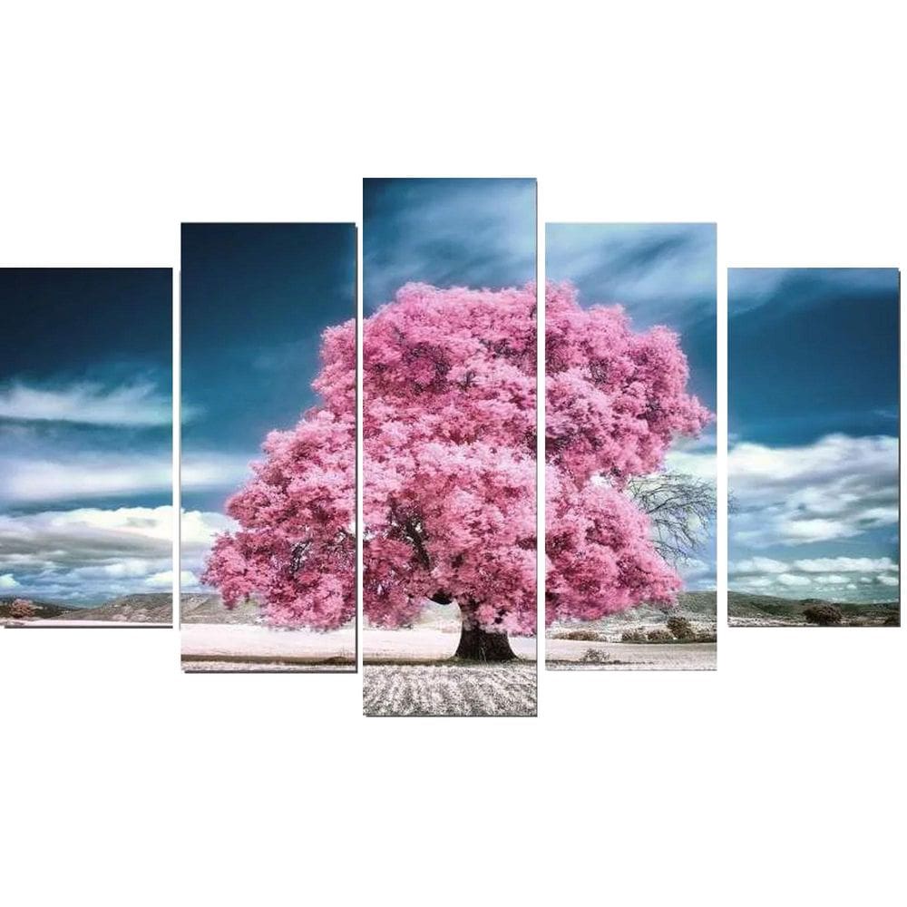 Quadro Decorativo Arvore Rosa Com Céu Azul 5 Peças