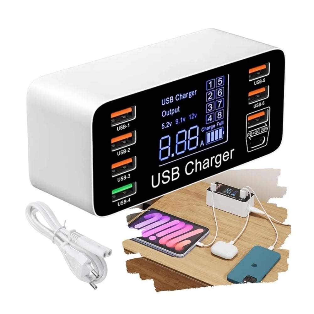 Carregador Turbo De Mesa USB 8 Portas C/ Painel Led