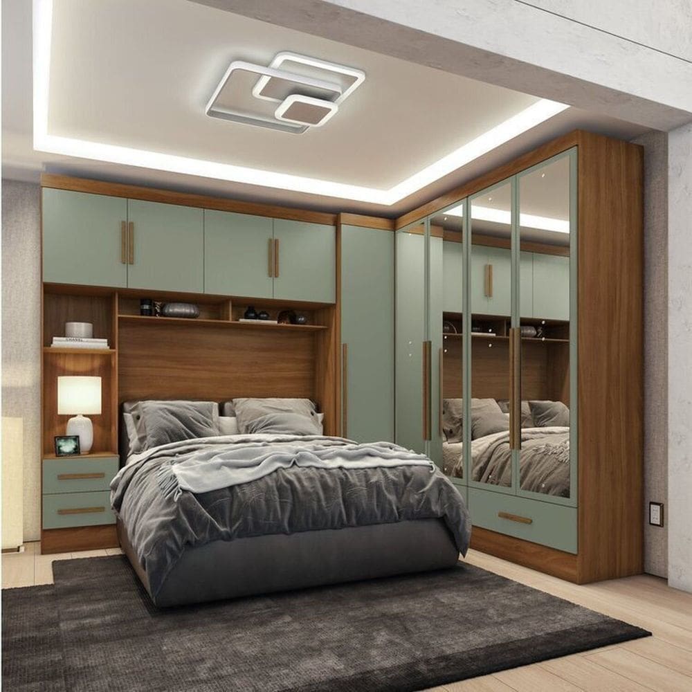Quarto Modulado Casal 4 Peças 5 Portas 4 Gavetas com Maleiro e Espelhos Smart Plus Espresso Móveis Cinamomo / Verde