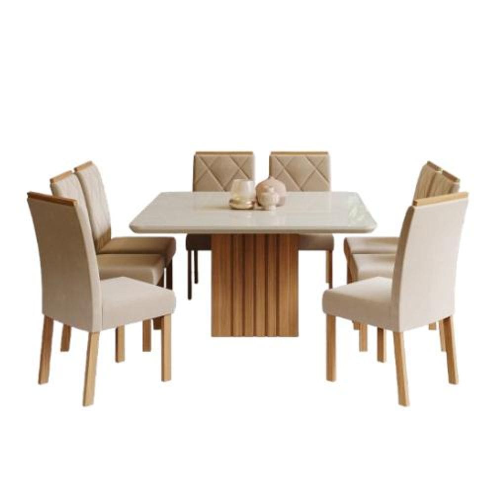 Conjunto Sala De Jantar Com Mesa Ana 130cm e 8 Cadeiras Fernanda Nature/Off White/Madeira/Nude Cimol Móveis