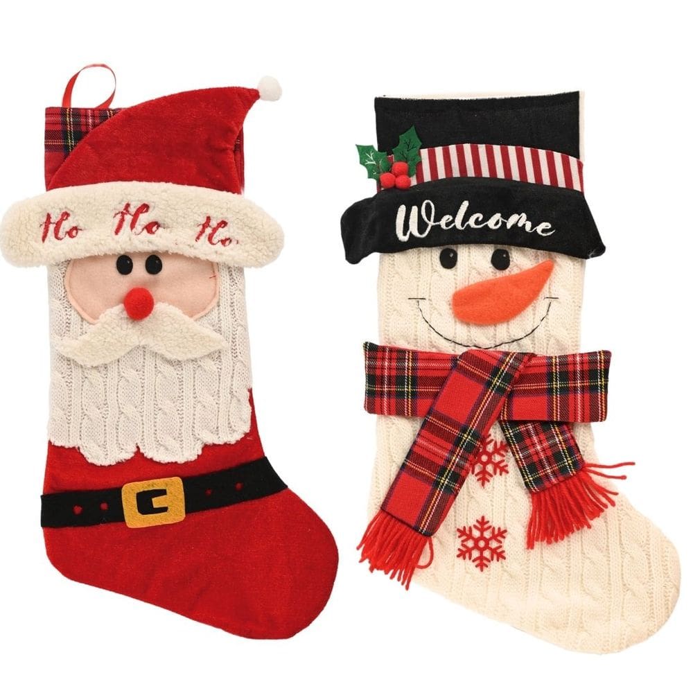Jogo 2 Meias Natalina Pelúcia Tricô Premium Boneco de Neve e Papai Noel 46cm - Magizi