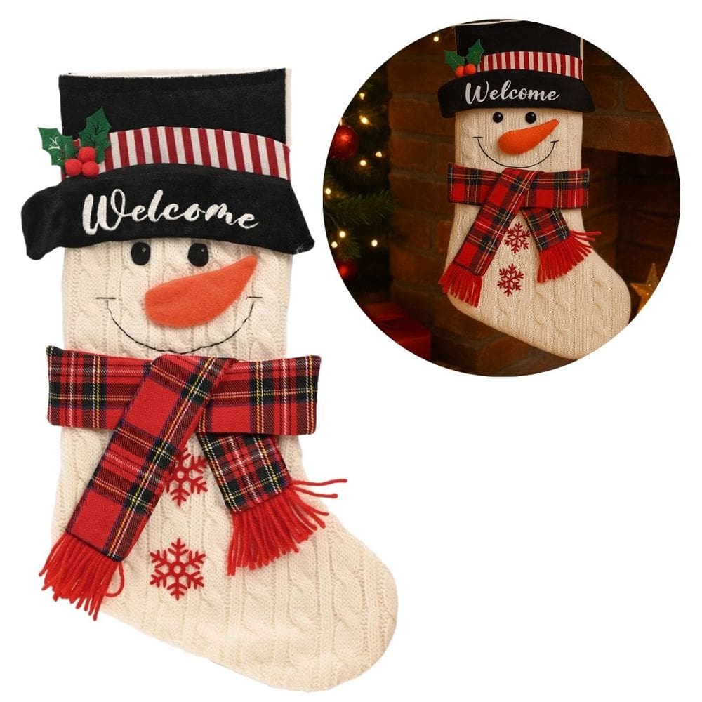 Meia Natalina Pelúcia Tricô Boneco de Neve Cachecol Xadrez 46cm - Magizi