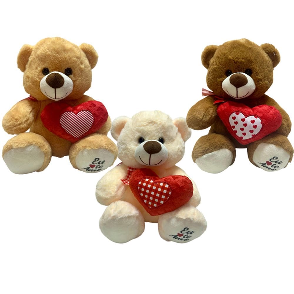 Urso De Pelucia Com Laço Xadrez E Coração Namorados Fofo - 30cm