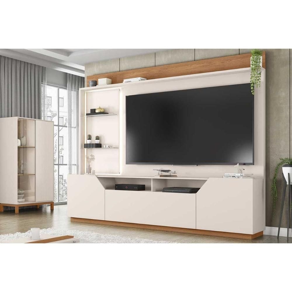 Home p/ TV até 75 Pol Vesper c/ Led e 3 Portas 240x196cm Off White/Freijo - Caemmun