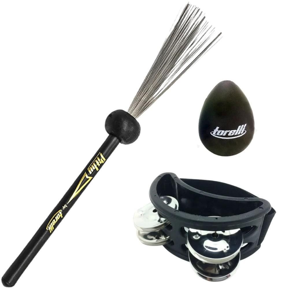 Kit Vassourinha Aço Torelli + Pandeiro Pé + Ovinho Ganza
