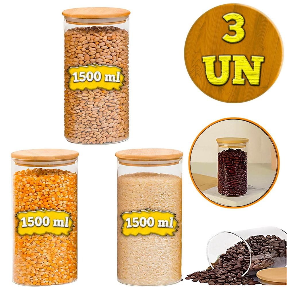 Kit 3 Potes 1500ml Porta Mantimento Frasco De Vidro Herméticos Tampa de Bambu Natural