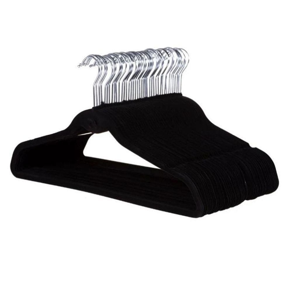 50 Cabides Veludo Slim Finos Antideslizantes Preto Begônia