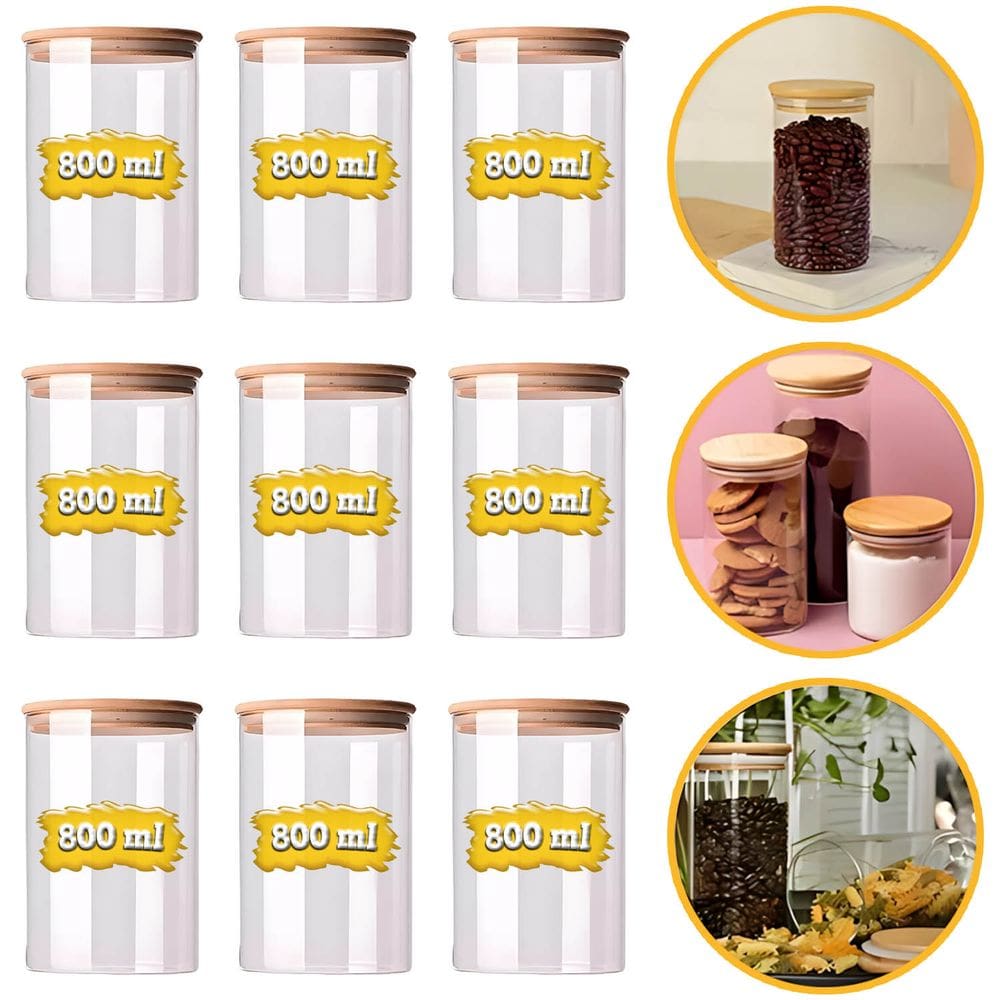 Conjunto 9 Potes 800ml Porta Mantimento Frasco De Vidro Herméticos Tampa de Bambu Natural