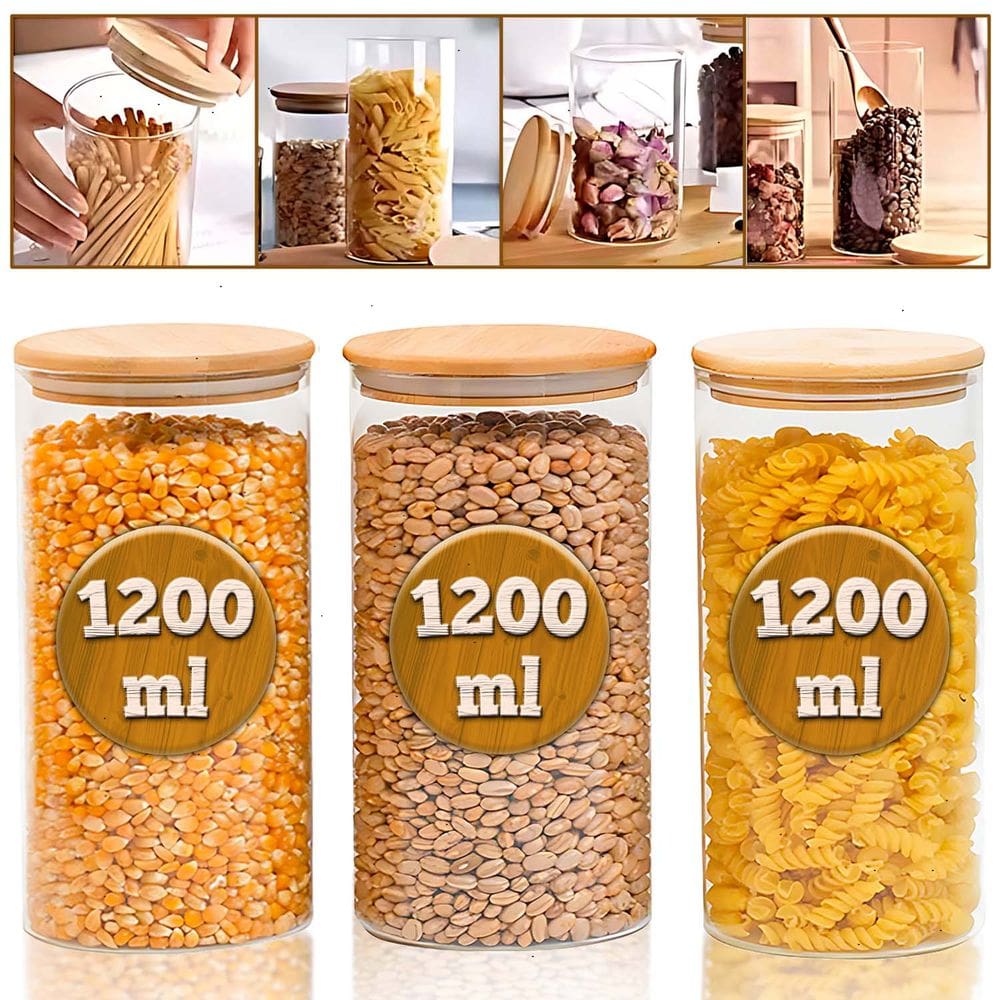 Conjunto 3 Potes 1200ml Porta Mantimento Frasco De Vidro Herméticos Tampa de Bambu Natural