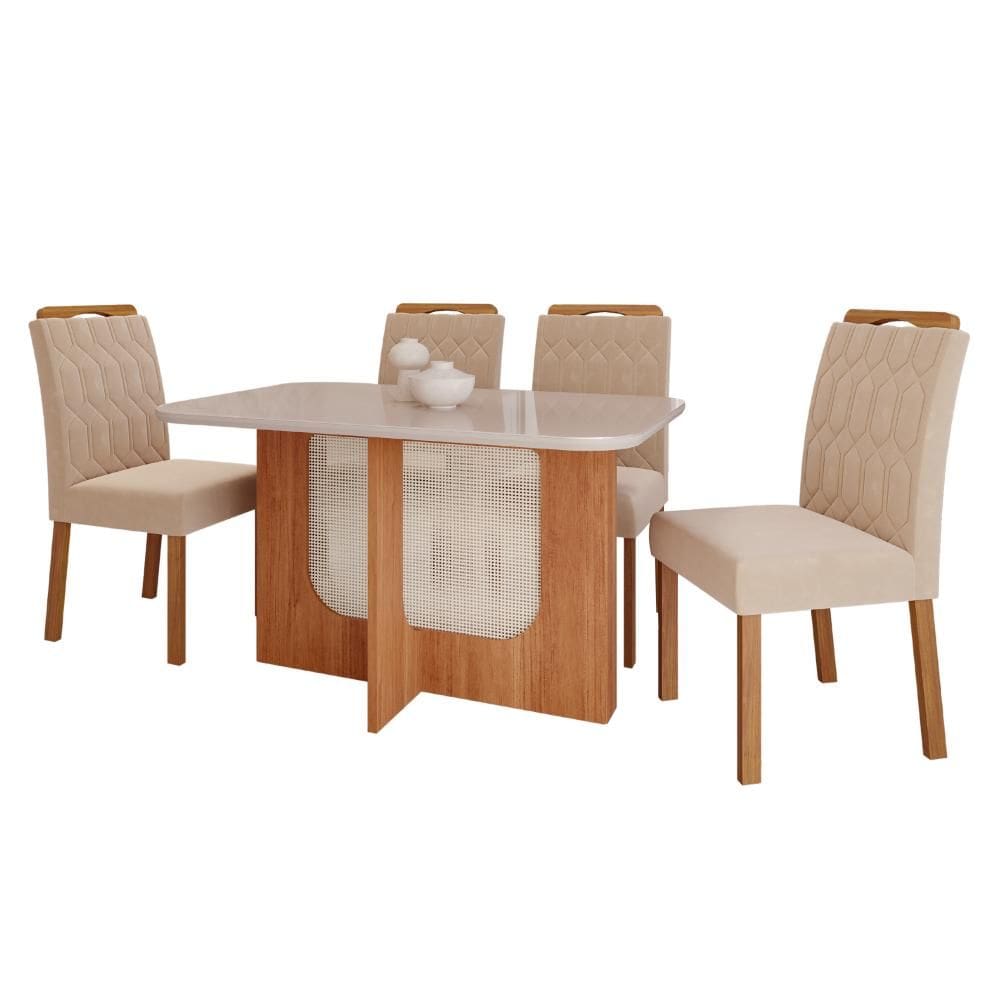 Conjunto Para Sala De Jantar Louise 130cm Com 4 Cadeiras Paola Cinamomo/Off White/Madeira/Nude Cimol Móveis