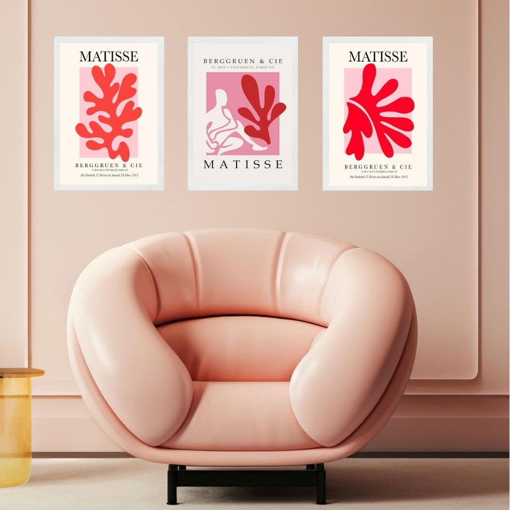 Kit 3 Quadros Rosa E Vermelho Matisse Coral Mulher 45X34Cm