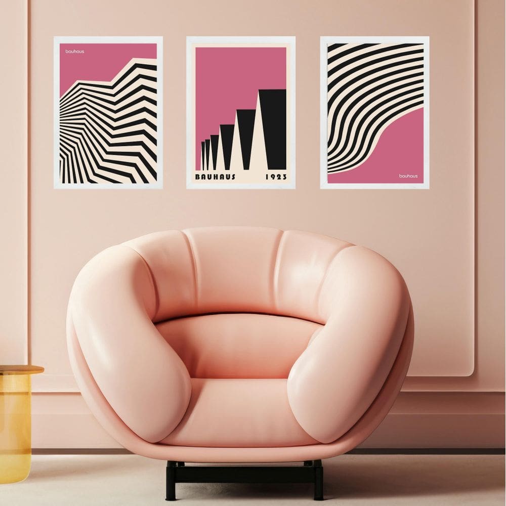 Kit 3 Quadros Bauhaus Geométricos Rosa E Preto 45X34Cm
