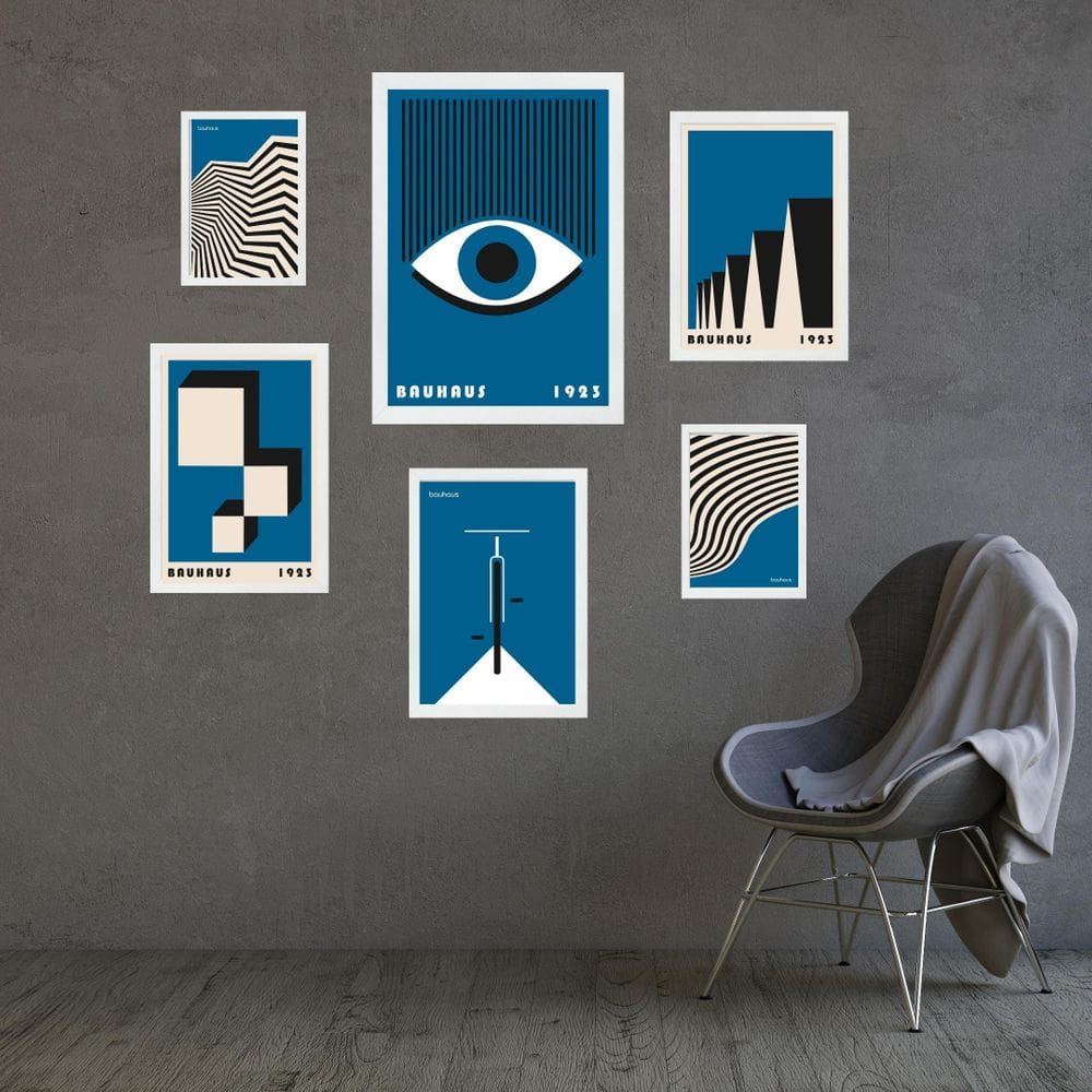 Kit Composição 6 Quadros Artes Bauhaus Azuis - Com Vidro
