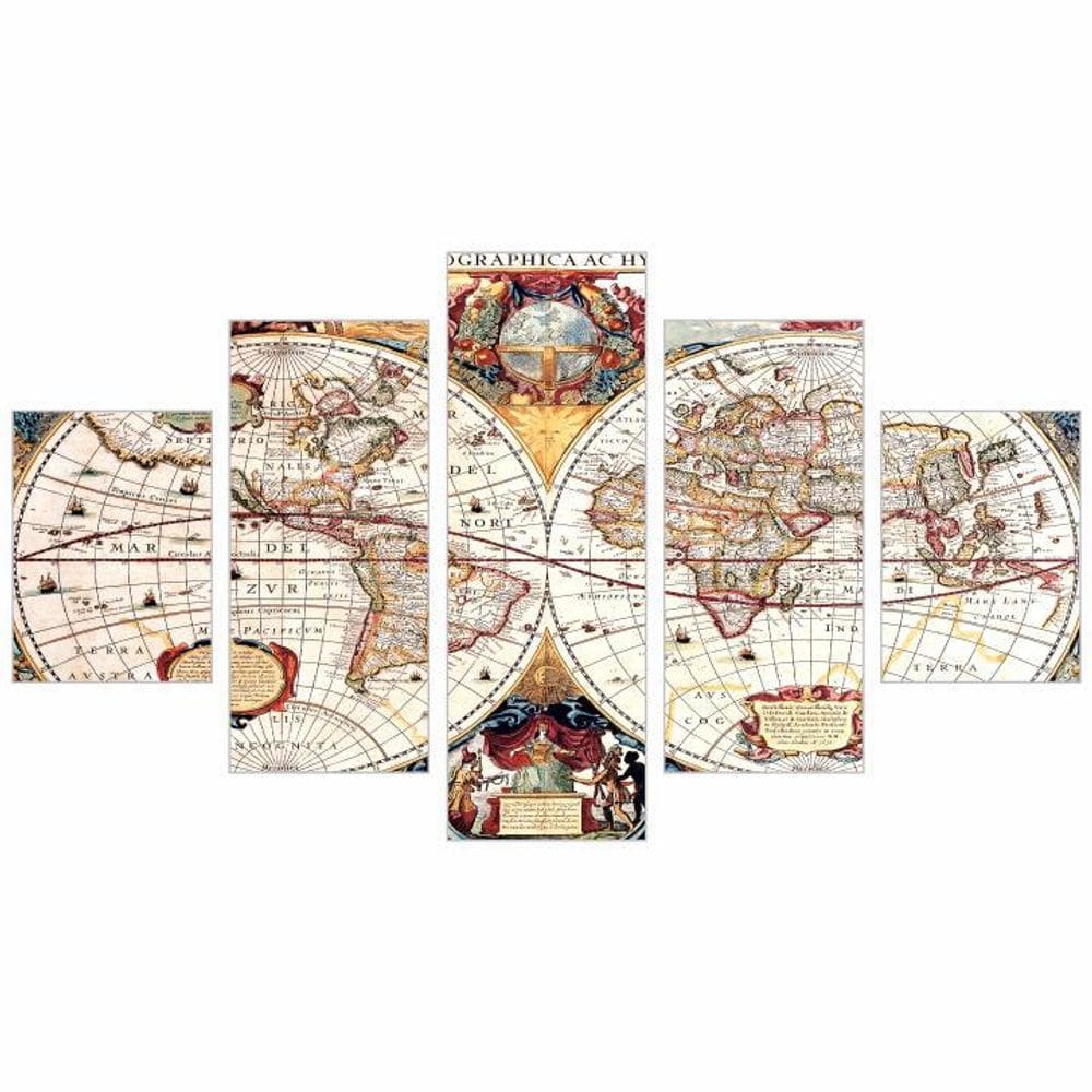 Quadro Decorativo Mapa Mundi Antigo 5 Peças 114x65cm