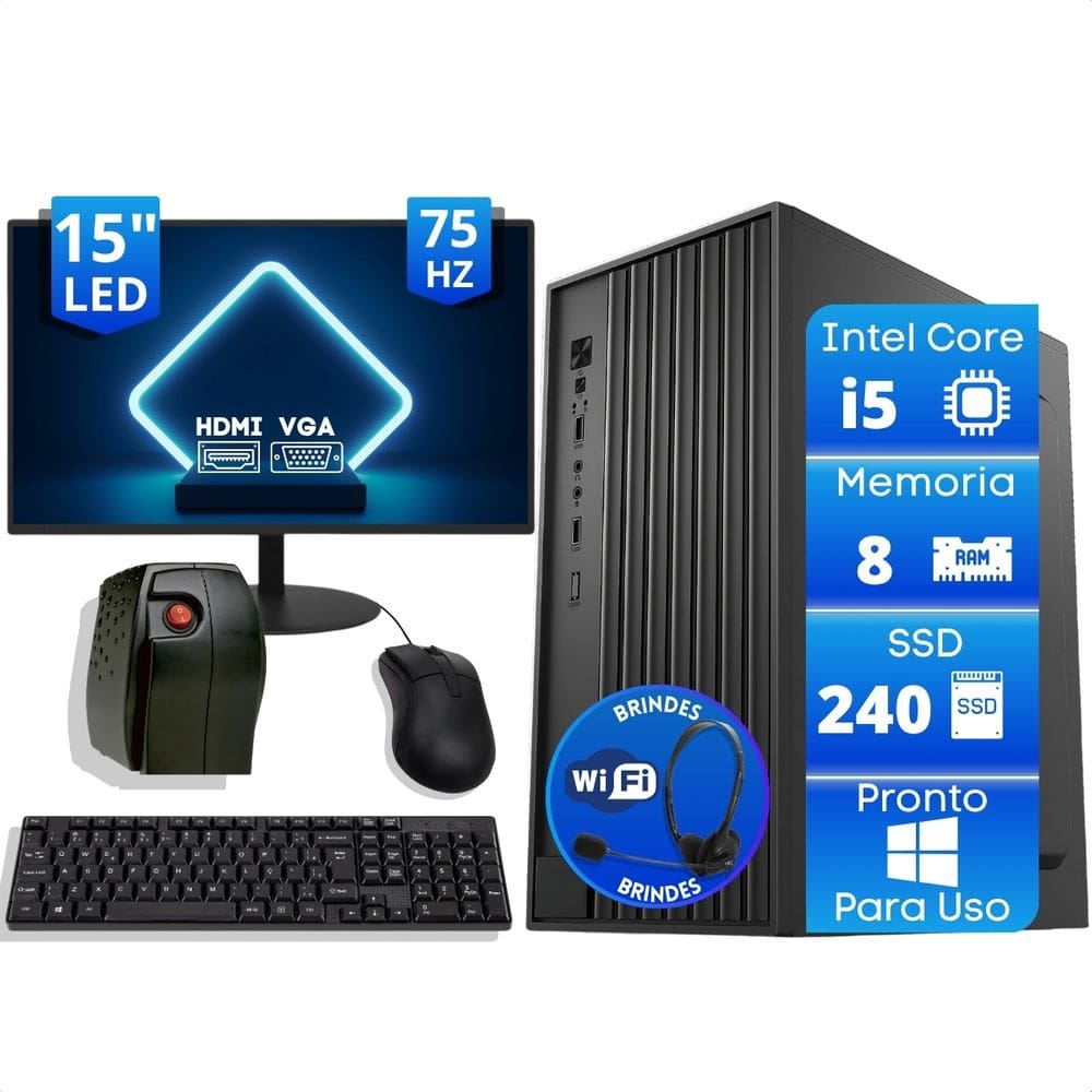 Computador Office Completo Intel Core I5 8Gb SSD 240Gb Monitor 15 Estabilizador Fone Headset