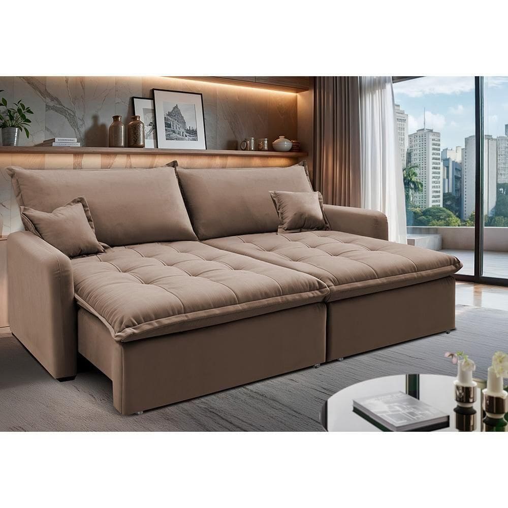 Sofá Sem Caixa Retrátil 1,80m Softgel Luna Velusoft Castor Cama Inbox