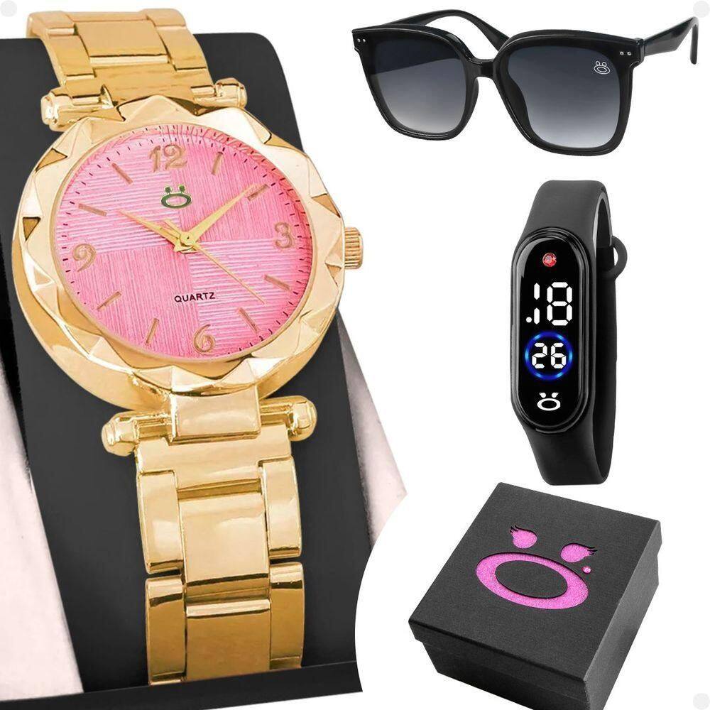 Relogio Rosa Feminino + Bracelete Digital + Oculos Banhado Proteção Uv Garantia Delicado Acetato