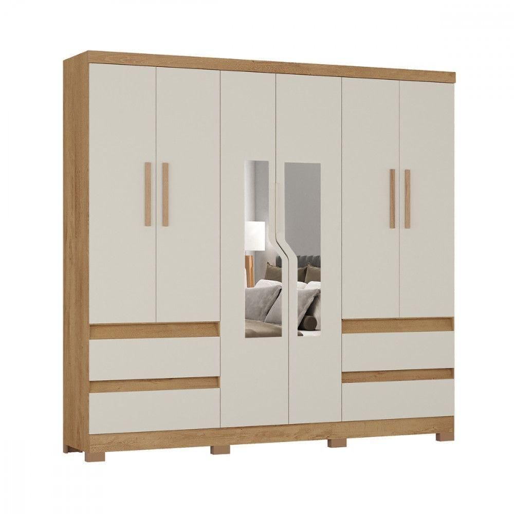 Guarda Roupa Casal Com Espelho 6 Portas Londres Atualle Canela Rústico Com Off White