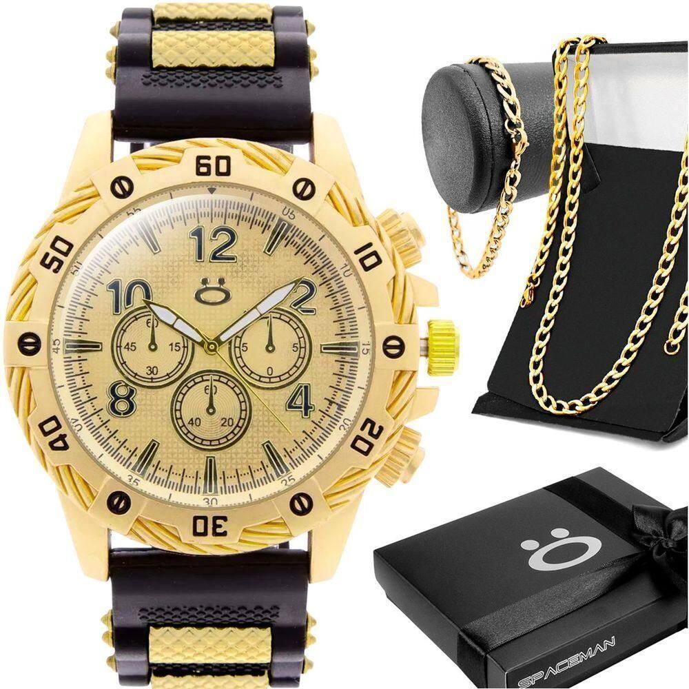 Relogio Dourado Aço Inox + Grumet Cordao + Pulseira Social Masculino Robusto Ponteiro Casual Pesado