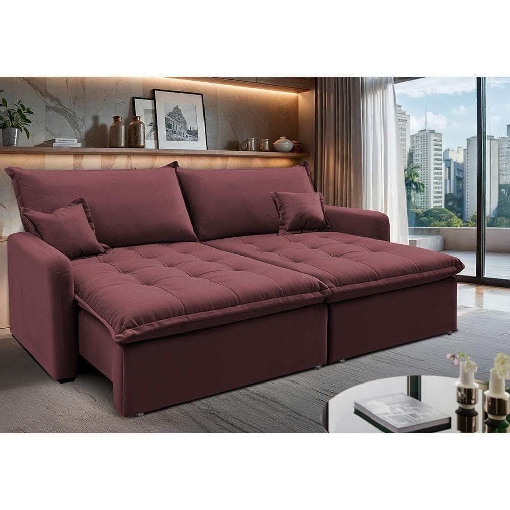 Sofá Sem Caixa Retrátil 1,80m Softgel Luna Velusoft Vinho Cama Inbox