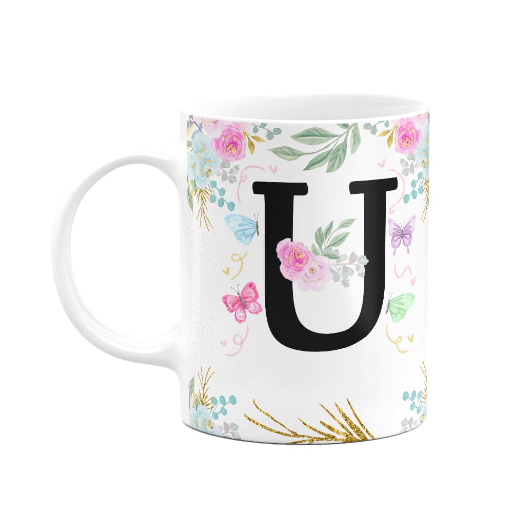 Caneca Floral - Inicial do nome letra U - 325ml