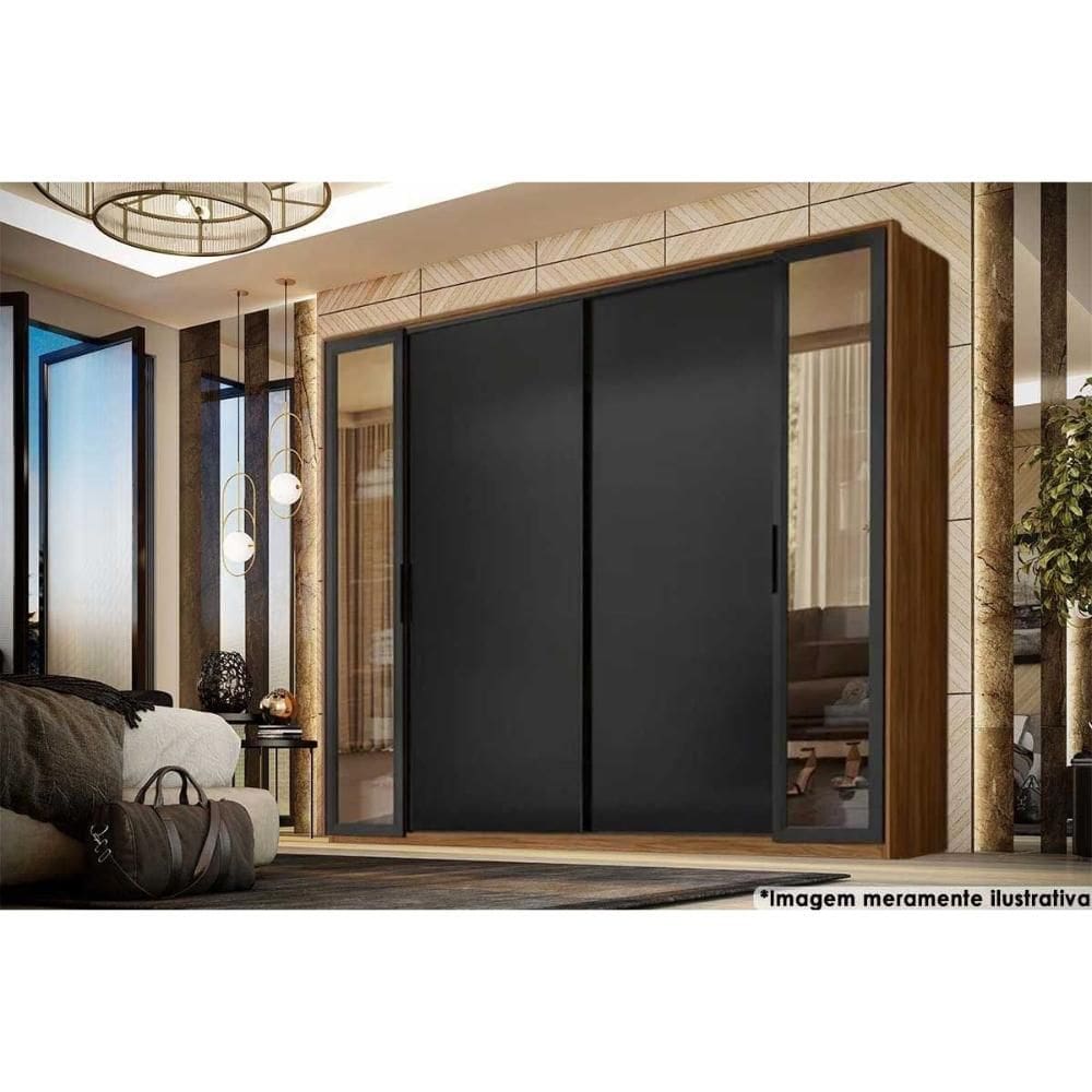 Guarda Roupa Casal 4 Portas (2 de Correr e 2 de Giro c/ Espelho) e 4 Gavetas Laredo Flex Nogueira/Nogueira ou Preto - Demóbile