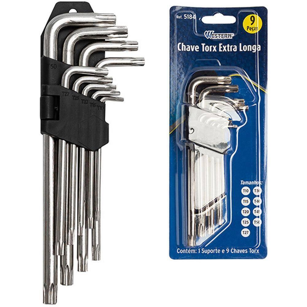 Jogo Chave Torx Longa 9 Peças Furo Guia + Suporte Prata 350g