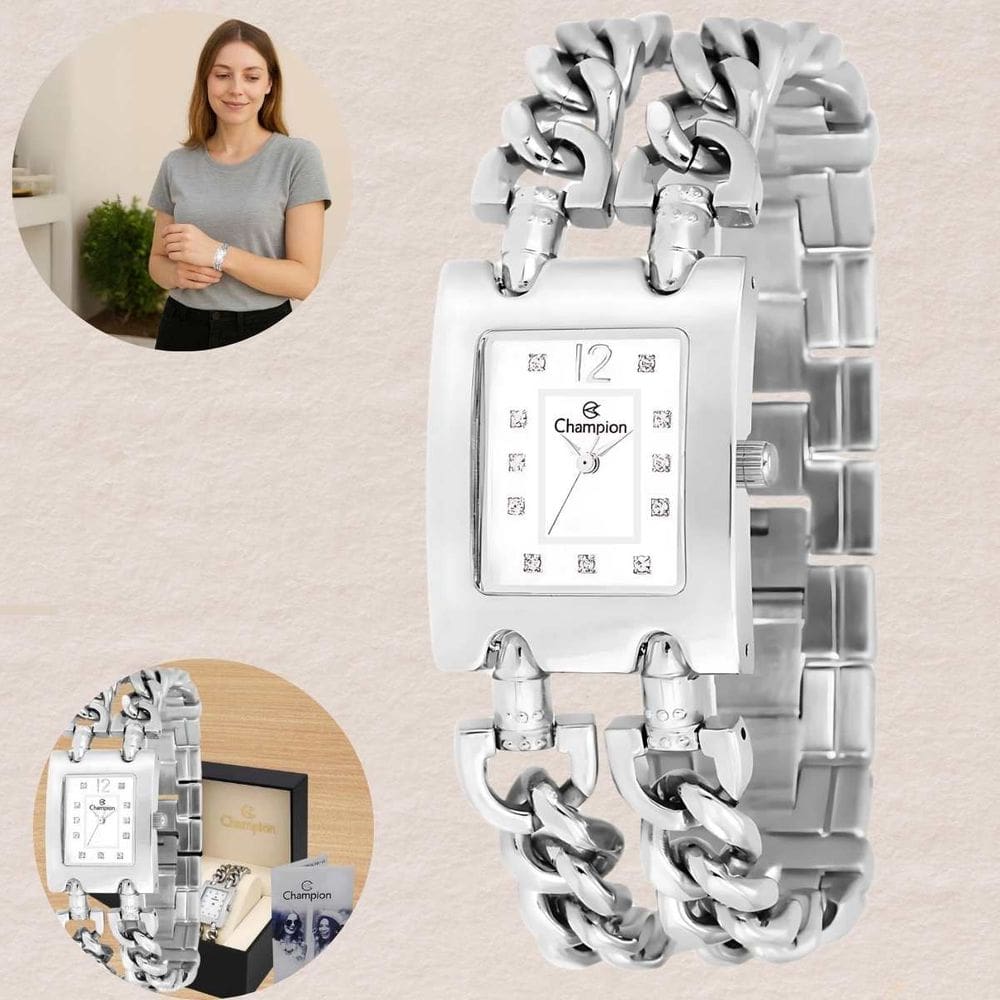 Relógio de Pulso Champion Feminino Elegante Quadrado Analógico Resistente à água3 ATM Social Fashion Prata CF24742Q