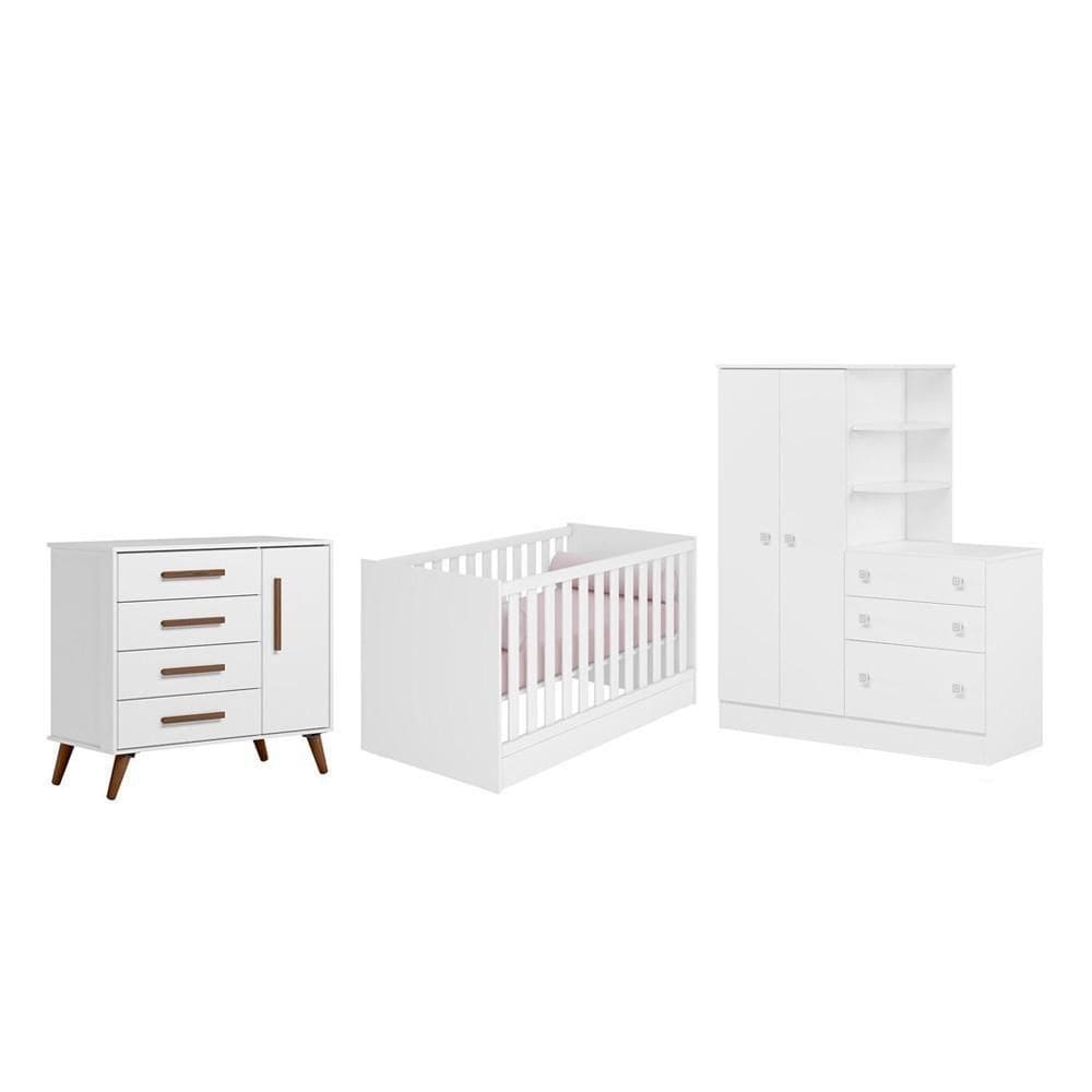 Quarto Infantil Guarda Roupa Infantil com Cômoda, Berço Mini Cama e Cômoda Sapateira Branco - FdECOR