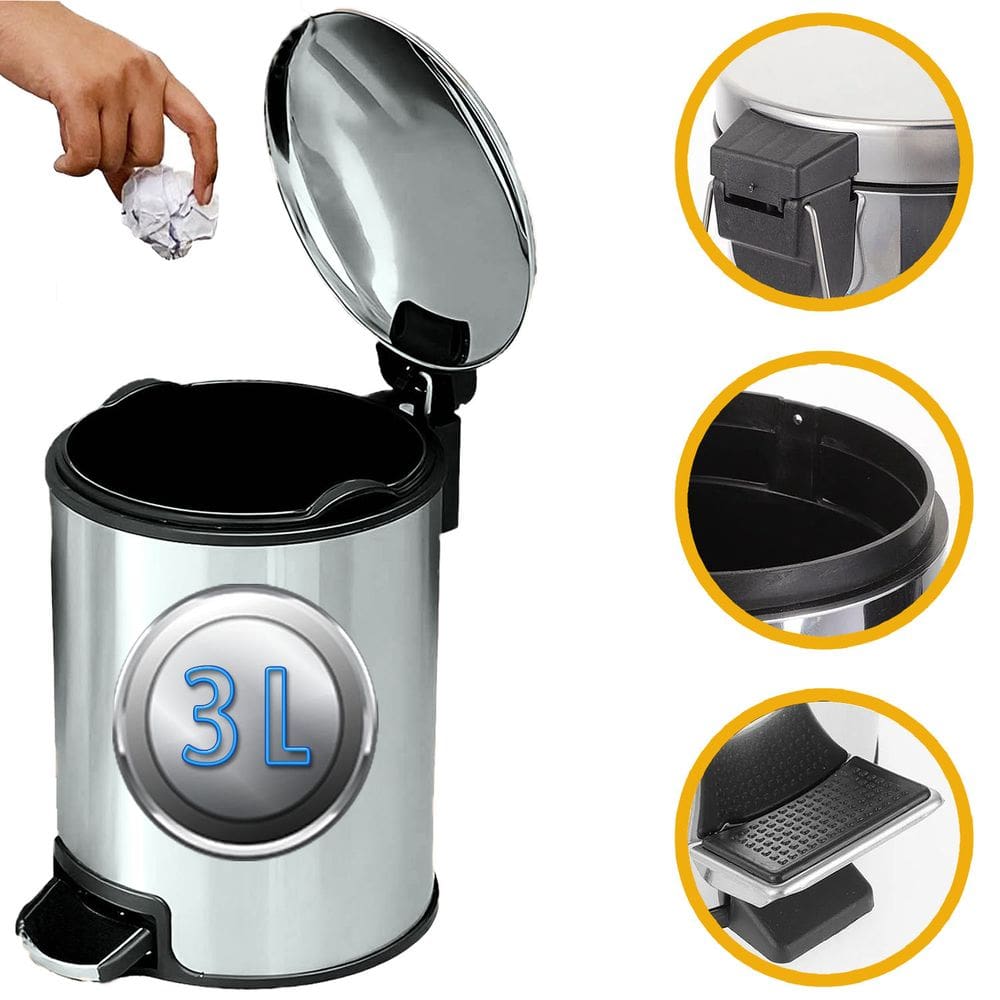 Lixeira Cesto Inox Com Tampa E Pedal 3 Lts Casa Escritório Com Balde Interno