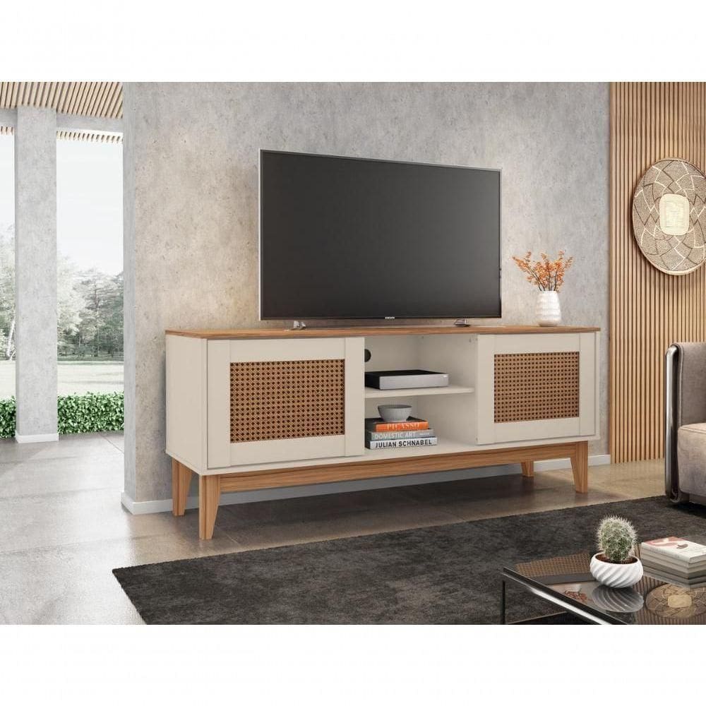 Rack Safira 1,35m 2 Portas E Nicho Central C/ Prateleira Off White/noce