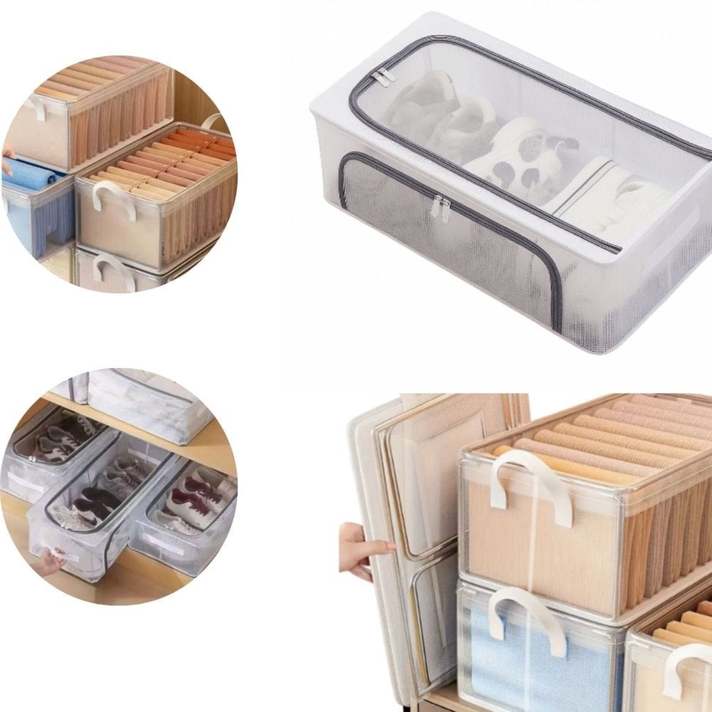 Kit 1 Cesto Transparente Durável + 1 Caixa Organizadora De Sapatos, Prateleira Sapatos Dobrável