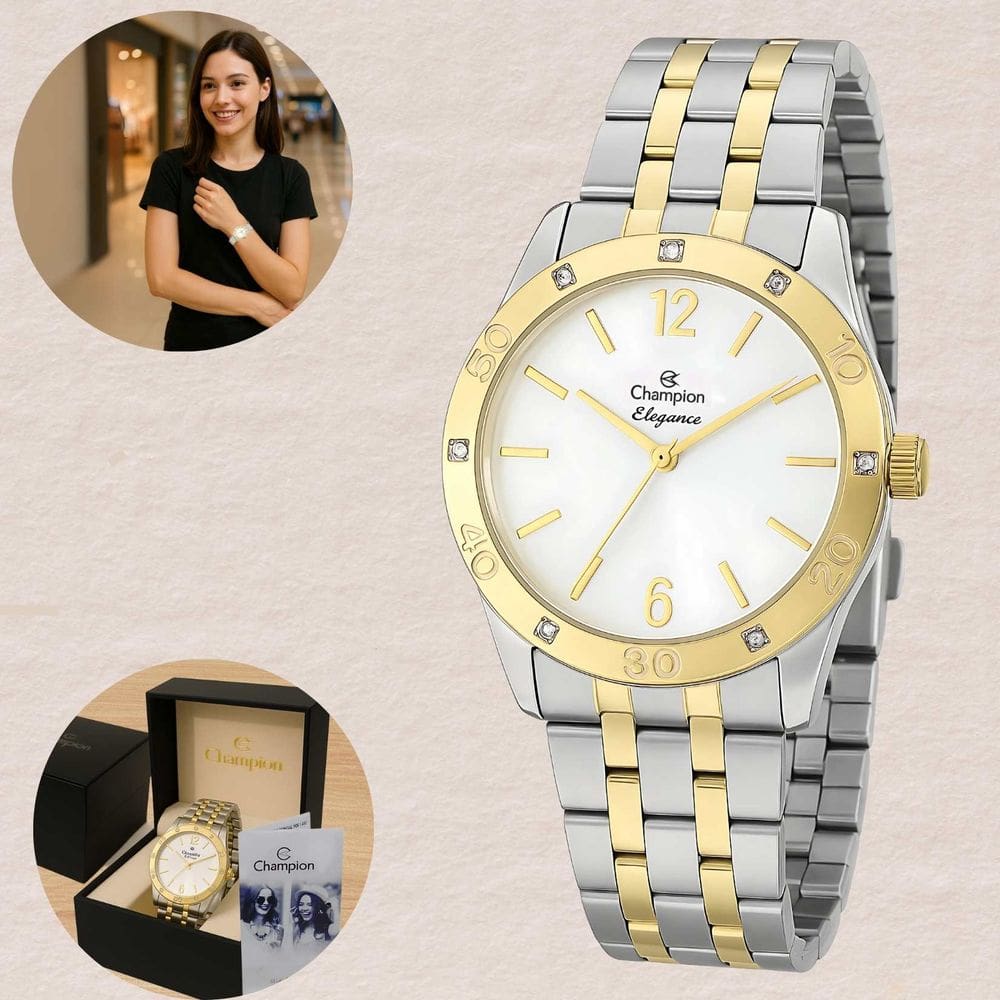 Relógio de Pulso Champion Elegance Feminino Quartz Prova Dágua 50 Metros 5 ATM Clássico Bicolor Dourado Prateado Elegante Casual CN27349B