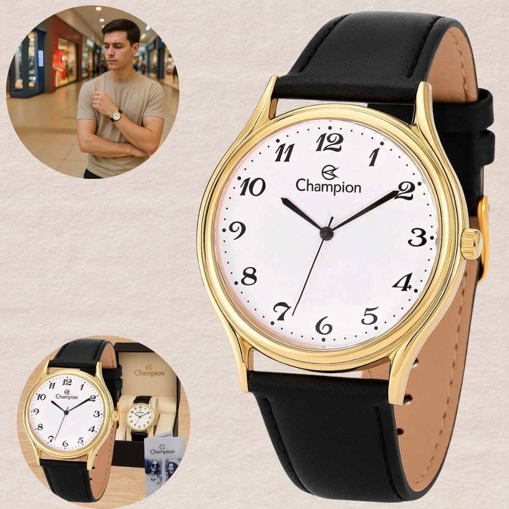 Relógio Champion Masculino Quartzo Prova Dágua 50 Metros 5 ATM Social Pulseira de Couro Preto Clássico Dourado CN20024B