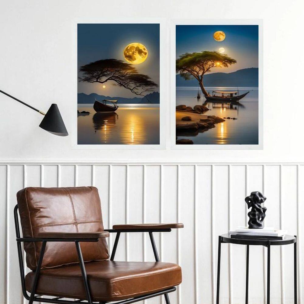 Kit 2 Quadros Paisagens Por Do Sol Rio Barcos 24X18Cm Vidro