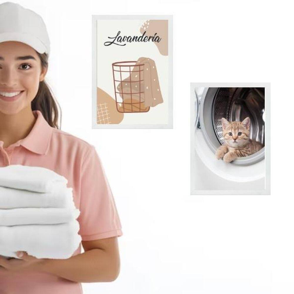 Kit 2 Quadros Para Lavanderia - Gatinho 33X24Cm - Com Vidro
