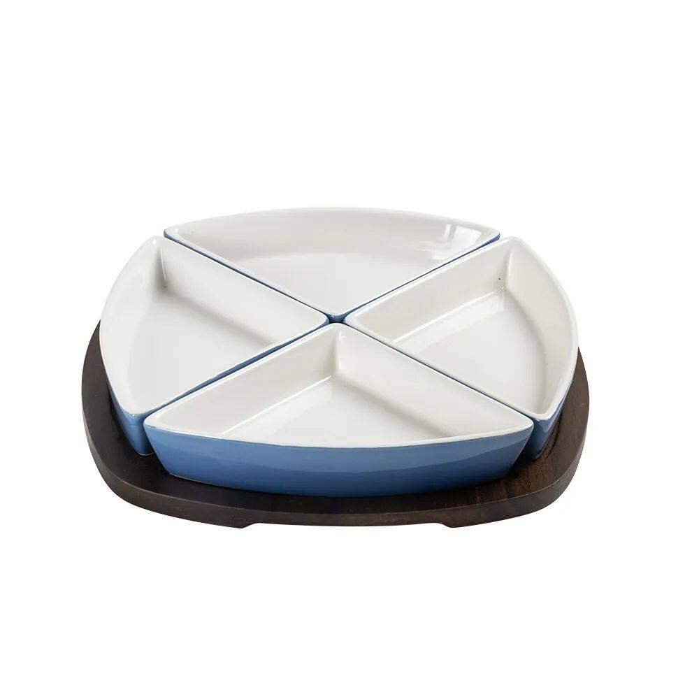 Petisqueira de Madeira com 4 Bowls de Cerâmica Azul Degradê UN0056 BTC