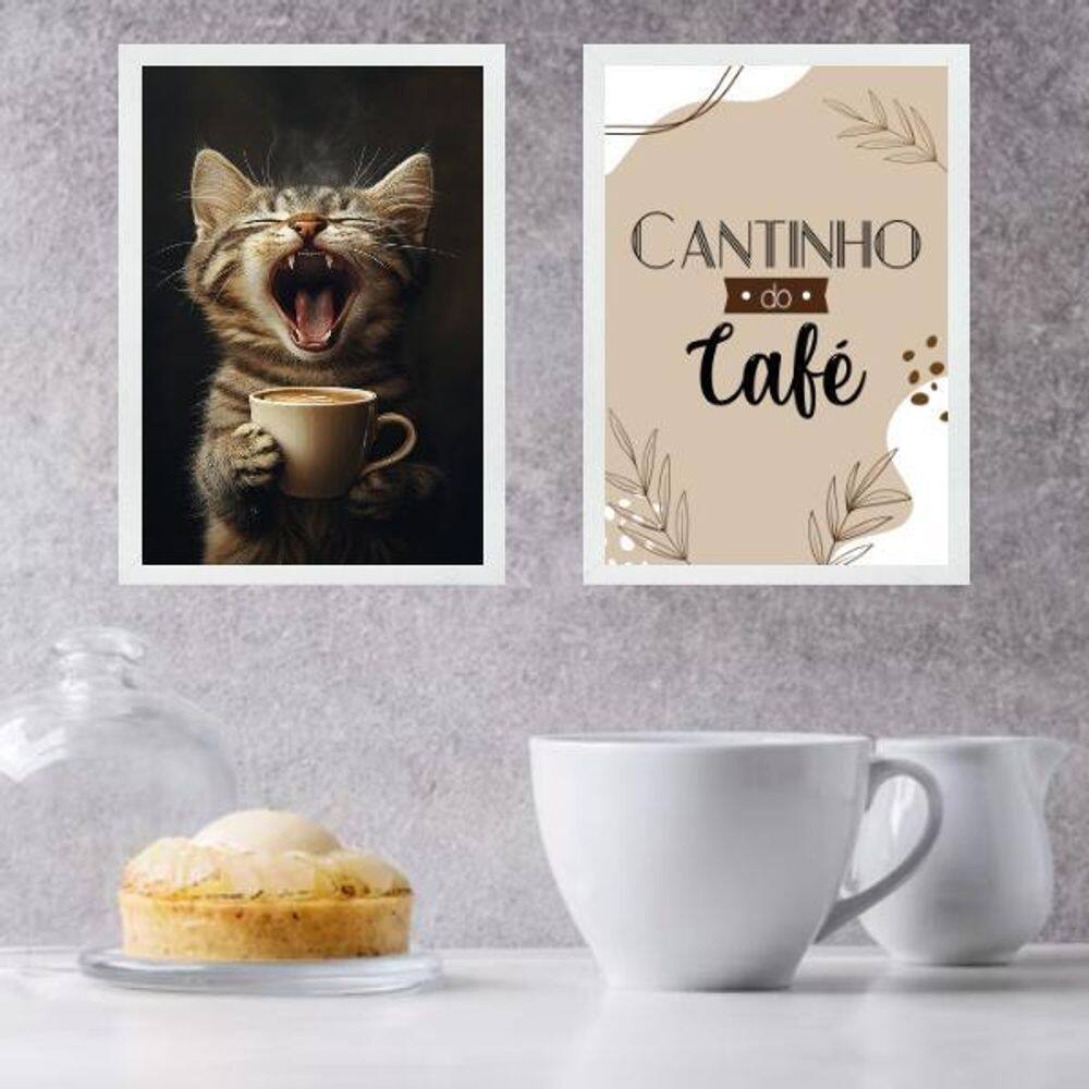 Kit 2 Quadros Cantinho Do Café - Gatinho 33X24Cm - Com Vidro