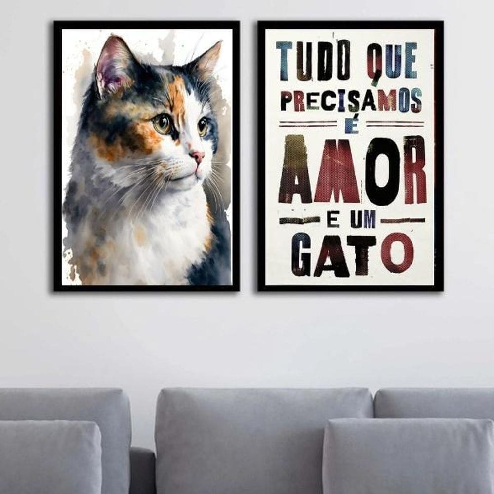 Kit 2 Quadros Amor E Um Gato 33X24Cm - Com Vidro