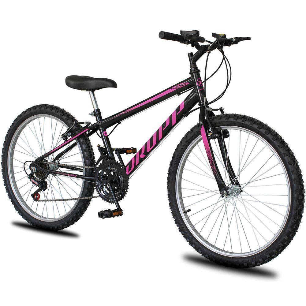 Bicicleta Aro 24 Dropp Sport Infantil Adulto18 Vel Marchas Freio V-brake - Preto e Rosa