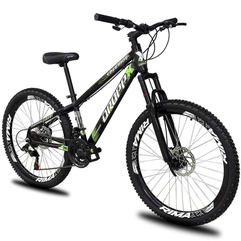 Bicicleta Aro 26 Dropp Freeride Alumínio 21m Freios A Disco Cãmbios Shimano - Preto e Verde