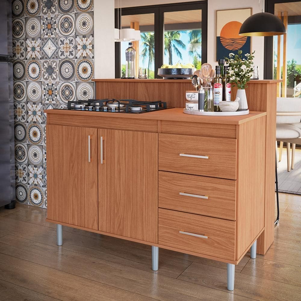 Kit Bancada Ilha para Cozinha + Balcão Para Cooktop 1,20m 5 Bocas 2 Portas E 3 Gavetas Turim