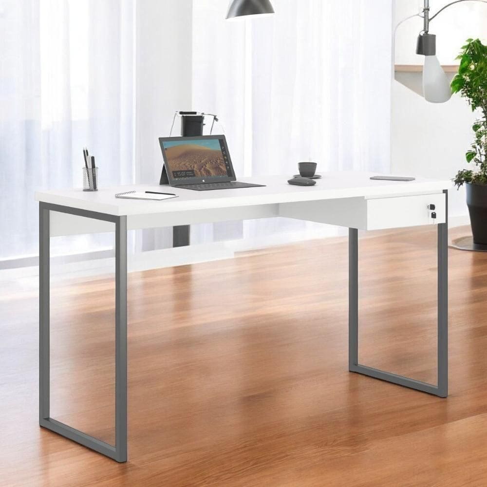 Mesa Home Office Escrivaninha Industriale 1,36 Branco Com Gaveteiro